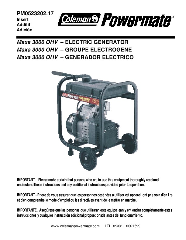 Coleman Powermate Maxa 3000 PM0523202 Generator Parts List