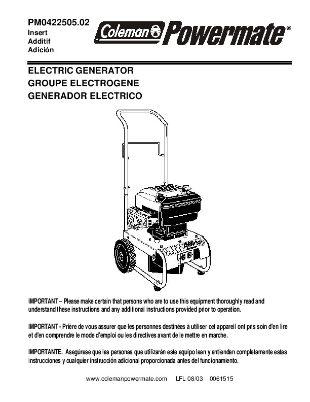 Coleman Powermate PM0422505 Generator Owners Manual