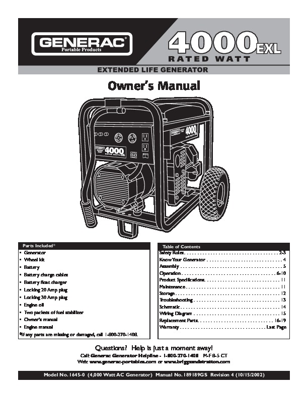 Generac 4000EXL Generator Owners Manual